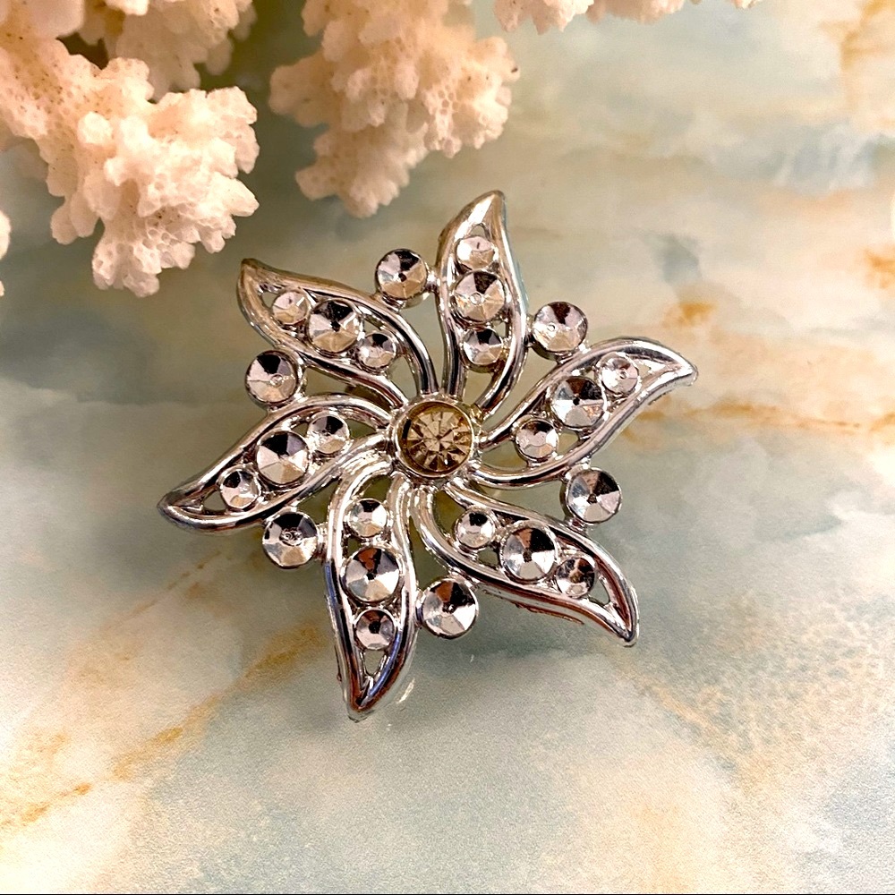 Vintage Rhinestone Pinwheel Flower Brooch
